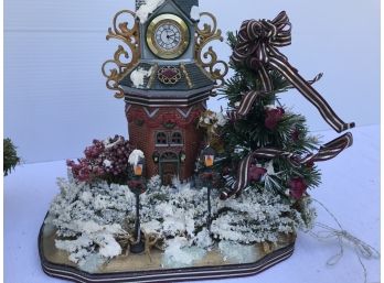 Vintage Lemax Lighted Porcelain Clock Tower Table Display With Trees