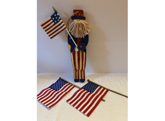Wooden Uncle Sam Hanger With 2 Small American Flags