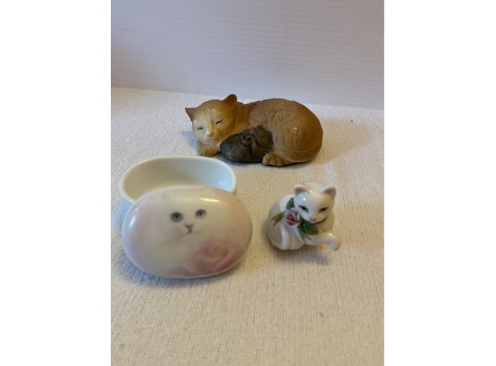 Sleeping Cat With Mouse (resin), Glass Ring Box And Small Glass Cat Figurine