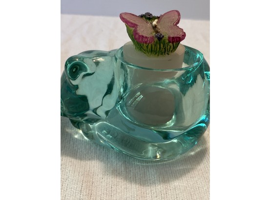 Heavy Indiana Glass Sleeping Cat Candle Holder.  5x3