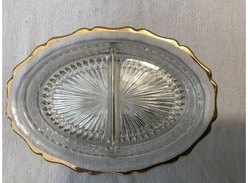 Vintage Gold Rimmed Clear Glass Divided Condiment Dish