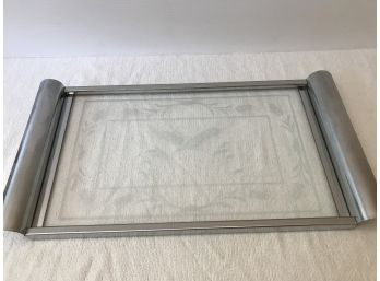 Etched Glass Tray With Silver Trim By Javier, Wheat Design - Small Scratch As Shown In Picture