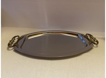 Beautiful Large Stainless Platter With Heavy Gold Tone Handles