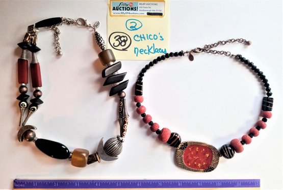2 CHICO's Necklaces Vintage Red Black Stone Bead Charm Silvertone