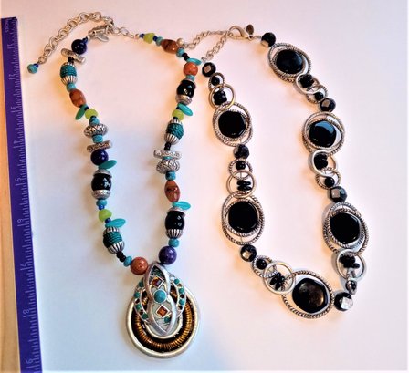 2 CHICO's Necklaces Vintage Black, Silver Tone Beads