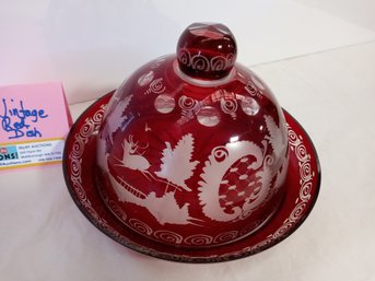 Vintage Red Bohemian Glass Covered Dish Cut To Clear