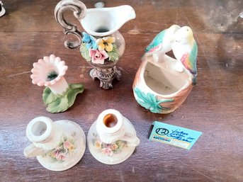 Lefton China Candleholders, Love Birds Planter & Floral Vase Pitcher Lot