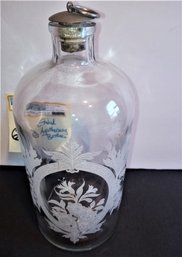 White Etched Apothecary Bottle With Metal Stopper Vintage 8.5'H