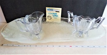 Vintage MCM Glass Cream & Sugar Footed & 18' Frosted Leaf Serving Tray