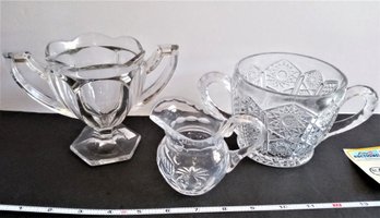 Antique Krys Tol Glass Sugar, Small Pitcher / Creamer &  Pressed Glass Bowl LOT
