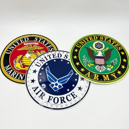 Set Of 3 United States Military Metal Signs (Marines, Navy, Army) - 11.75 Inch Diameter