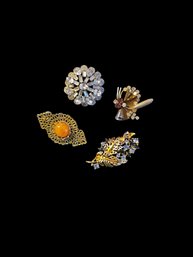 Four Piece Vintage Jewelry Glass Rhinestone Lot Some Signed