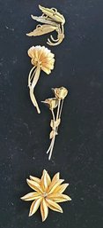 Vintage Gold Tone Floral Four Piece Costume Jewelry Lot , Some Signed,  CORO And Giovanni