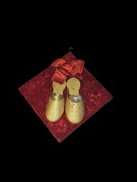 Victorian Brass Shoes Match Holder On Red Felt And Silk Sewn Pinned Backing With Silk Hand Sewn Bow