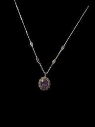 Sterling Silver Chain With Large Amethyst Gemstone Set In A Sterling  And 14k Yellow Gold Setting With Diamond