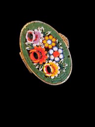 Vintage Italian Clay Micro Mosaic Floral Pill Box Gold Tone And Beautiful Etching All Around