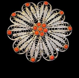 Vintage 800 Silver Filigree Brooch With Coral Stones