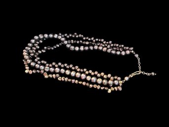 Freshwater Peacock Cultured Pearl Blues/ Purples 3 Strand Necklace On Silver Chain,  Adjustable