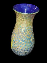 Signed Peacock Colored And Swirled Blown Art Glass Vase,  Inside Cobalt Blue