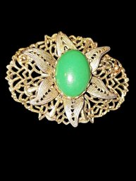 Vintage Gold Tone Filigree Type Czech Brooch/pendant With Large Pastel Green Glass Stone