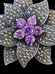 Large Heavy Sterling Silver Statement Pendant With Marcasite And Beautiful Deep Color Purple Amethyst Gemstone