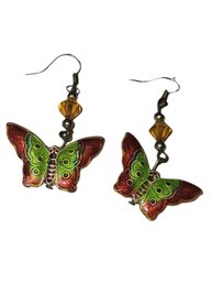 Vintage Silver Double Sided Enameled Butterfly Earrings With Citrine Glass Stones