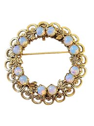 Vintage Gold Tone Brooch/ Pendant With Faceted Pronged Cabochon Fire Opal Stones