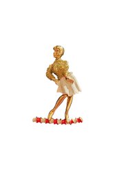 Vintage Early 50s Costume Jewelry Gold Tone Brooch,  Women Dancing On Candy Candy