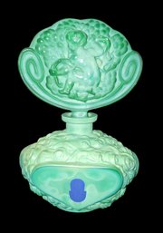 VINTAGE F HALAMA ZELEZNY BROD 55 BOHEMIA MALACHITE CARVED GLASS ART DECO PERFUME BOTTLE WITH CHERUB