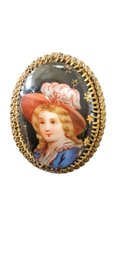 Victorian Hand Enameled Portrait On Porcelain In Bronze Prong Setting