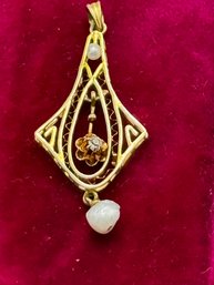 Antique 10 Kt Gold Diamond And Pearl Lavaliere Pendant