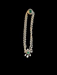 Vintage Victorian Gold Tone 3-strand Faux Pearls,  Green Glass Stone Clasp With Clear Rhinestones, And Green