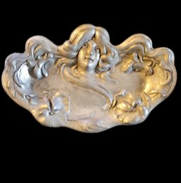 Vintage Fine Pewter Art Nouveau Women Trinket Tray