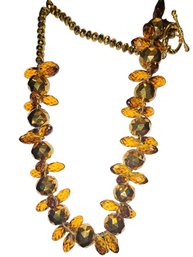 Vintage MCM All Amber Cut Glass Beaded Necklace With Gold Tone Toggle Clasp