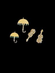 Vintage Costume Jewelry Four Piece Lot Of Two Umbrella Brooches Painted With Forest Green Rhinestones