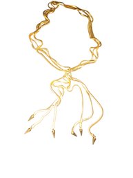 Vintage Extra Long Snakelike Gold Tone Chain Material Lariat With Tassels