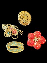 Vintage Costume Jewelry Four Piece Lot , Gold Tone ,  Glass Stones And Crystals And Faux Turquoise Beads