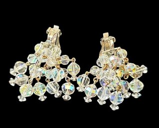 Vintage Costume Jewelry,  Laguna Signed Clip Earrings With Cluster Tassel Hanging Iridescent Crystal Cut Glass