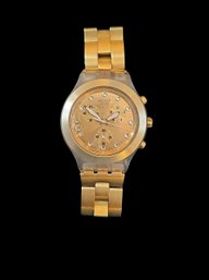 Vintage Authentic Gold Tone Swatch Irony Diaphane Water Resistant Watch,  Swiss Made Aluminum Back, Stainless