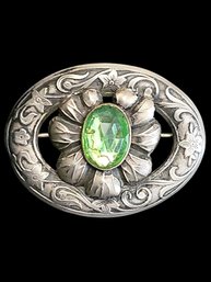 Beautiful Victorian Silver Tone Czech Brooch,  Embossed Setting With Yellow Green Glass Stone