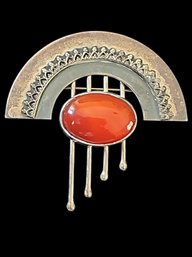 Antique Art Deco Sterling Abstract Brooch/ Pendant With Large Carnelian Stone