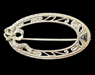 Vintage Victorian Sterling Deco Brooch With Etching And Bow And Sapphire Gem Stone,  Marked And Tested