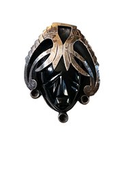 Vintage Mexico,  925 Sterling And Signed,  Hallmarked,  Black Onyx Carved Head And Sterling Tribal Headpiece