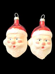 Lot Of Two Vintage German Hand Blown Glass Santa Head Ornaments