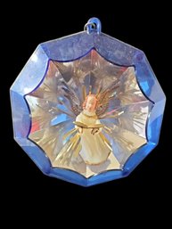 Vintage MCM Shiny Brite By Jewel Brite Blue Diamond Shaped Diorama Plastic Ornament With Tinsel And Angel