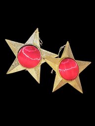 Vintage Pair Of Handmade Gold And Red Star Ornaments,  Tin And Twine