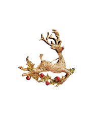 Vintage Costume Jewelry Silvertone Reindeer Gliding Over Mistletoe With Red Balls Brooch