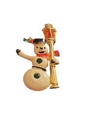 Vintage Costume Jewelry Gold Tone Hand Painted Frosty The Snowman Holding A Lantern Light With Red Glass