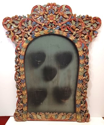 Picture/Mirror Frame Extraordinary Large Indonesian Wood Carved Keyhole Shaped - Floral & Leaf Motif