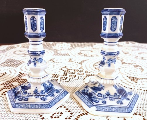 Antique Meissen Porcelain Candlestick Holders Stamped Blue And White Gently Used Mid 19th Century 5' Tall